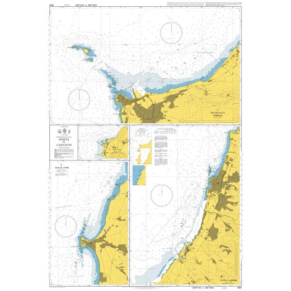 Product image of Admiralty Chart 1561 | Ports in Lebanon, featuring navigational markings, depth soundings, and coastal features, essential for safe marine navigation. It could be displayed as an art piece or used for navigation on a boat or ship.