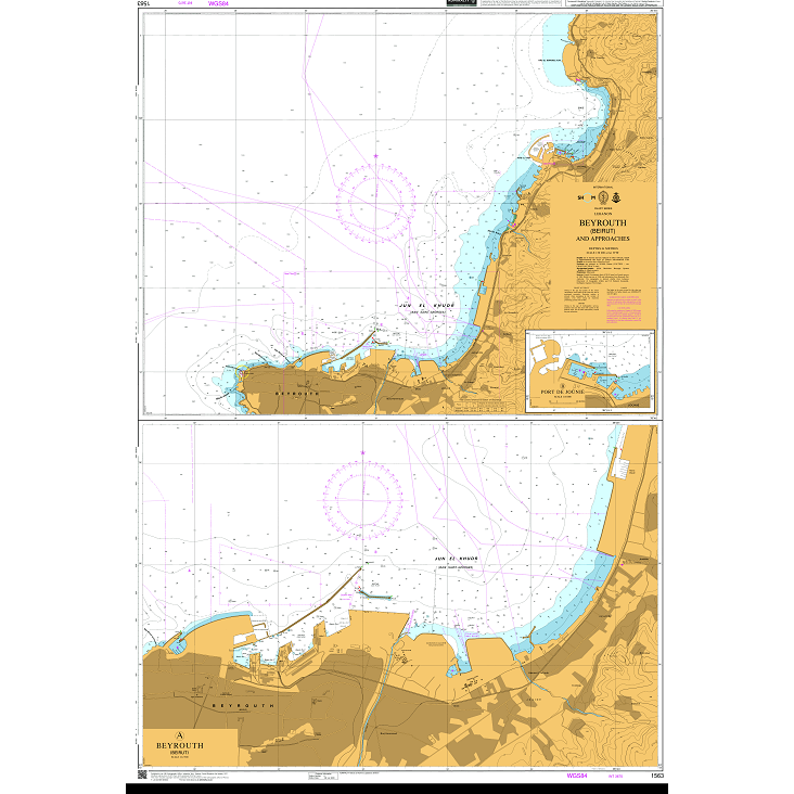 Product image of Admiralty Chart 1563 | Beyrouth (Beirut) and Approaches, featuring navigational markings, depth soundings, and coastal features, essential for safe marine navigation. It could be displayed as an art piece or used for navigation on a boat or ship.