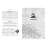 A vintage-style book page by Adlard Coles showcases an illustration of an old sailing ship on the right against a map background. The left page features "Why Sailors Can't Swim," exploring nautical traditions with an ornate border design.