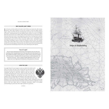 A vintage-style book page by Adlard Coles showcases an illustration of an old sailing ship on the right against a map background. The left page features "Why Sailors Can't Swim," exploring nautical traditions with an ornate border design.