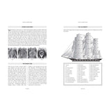 Two pages from "Why Sailors Can't Swim" by Adlard Coles: the left page has text with small engravings and maritime folklore; the right page features text and a detailed illustration of a large sailing ship labeled "The Full Monty," with parts identified.