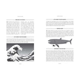 The book "Why Sailors Can't Swim" by Adlard Coles includes two illustrated pages exploring sea mysteries with sections like "How Salty is the Sea?" and "Jurassic Carp," plus images of waves and a prehistoric fish.