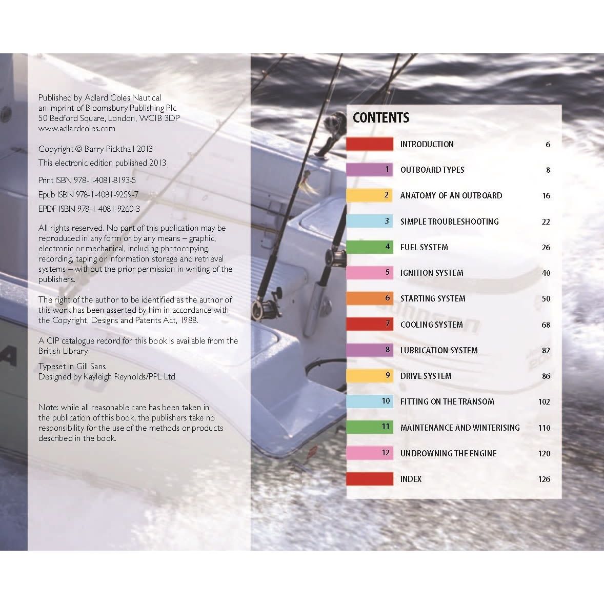 A detailed table of contents for a publication indexed by sections, starting with "Introduction" and ending with "Index." The Reeds Outboard Motor Troubleshooting Handbook, featuring Skipper Guide techniques, is published by Adlard Coles Nautical. A sailboat is partially visible in the background.