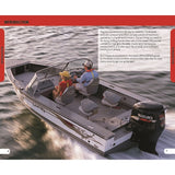 A couple cruises a Lund motorboat with a white hull and red accents in calm waters. A Suzuki Four Stroke outboard motor hums as the skipper steers confidently, while his partner consults the Reeds Outboard Motor Troubleshooting Handbook for any DIY repair needs.