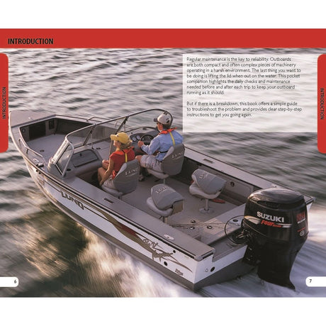 A couple cruises a Lund motorboat with a white hull and red accents in calm waters. A Suzuki Four Stroke outboard motor hums as the skipper steers confidently, while his partner consults the Reeds Outboard Motor Troubleshooting Handbook for any DIY repair needs.