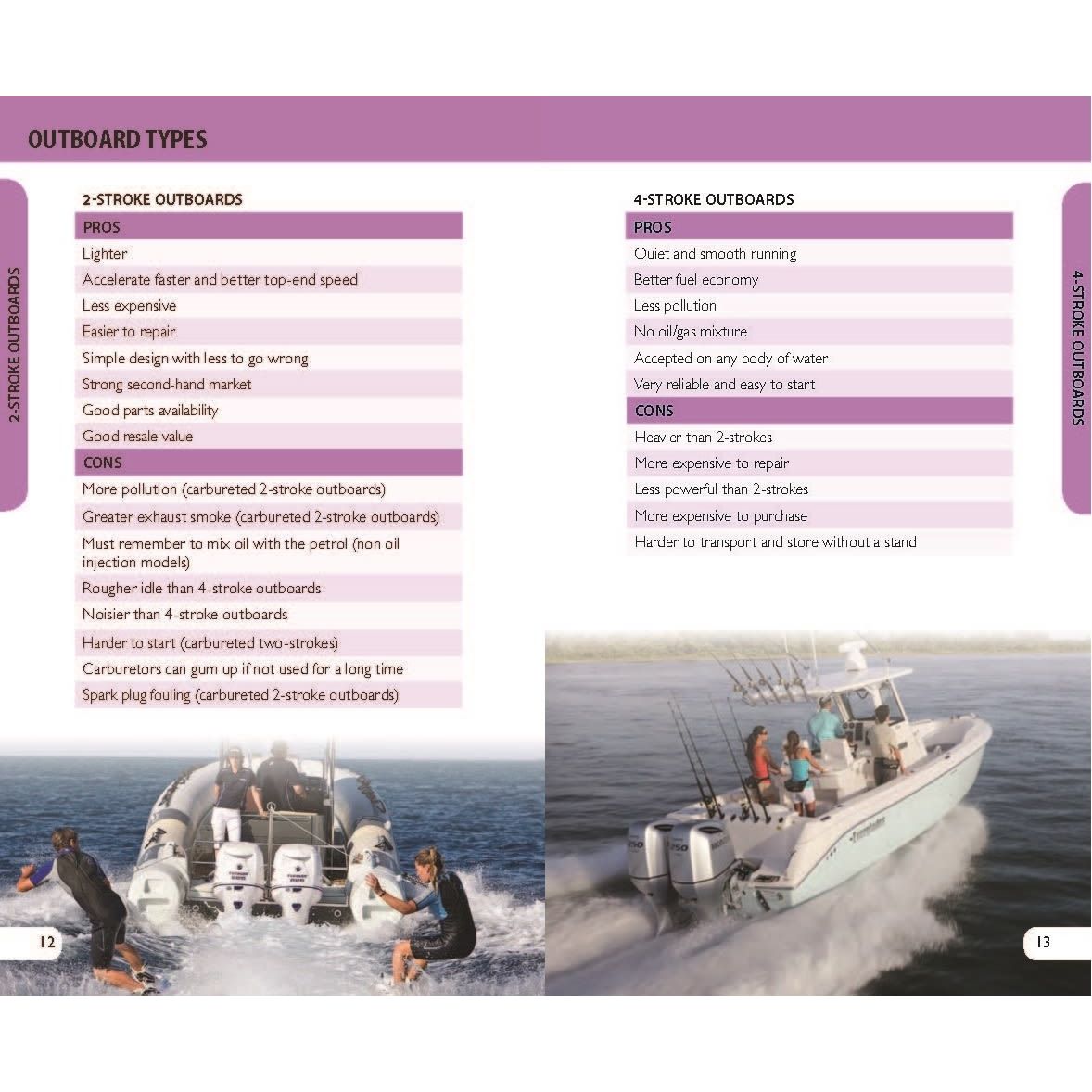 Two images show boats with pros and cons lists for 2-stroke and 4-stroke outboards. The 2-stroke offers better speed and easy repairs, perfect for DIY enthusiasts, while the 4-stroke highlights quietness and fuel efficiency, ideal for skippers seeking guidance from the Reeds Outboard Motor Troubleshooting Handbook.