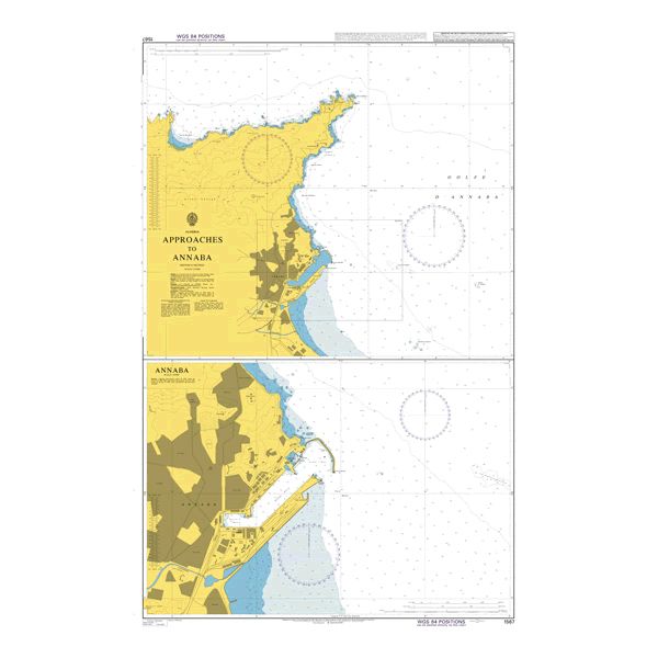 Product image of Admiralty Chart 1567 | Approaches to Annaba, featuring navigational markings, depth soundings, and coastal features, essential for safe marine navigation. It could be displayed as an art piece or used for navigation on a boat or ship.