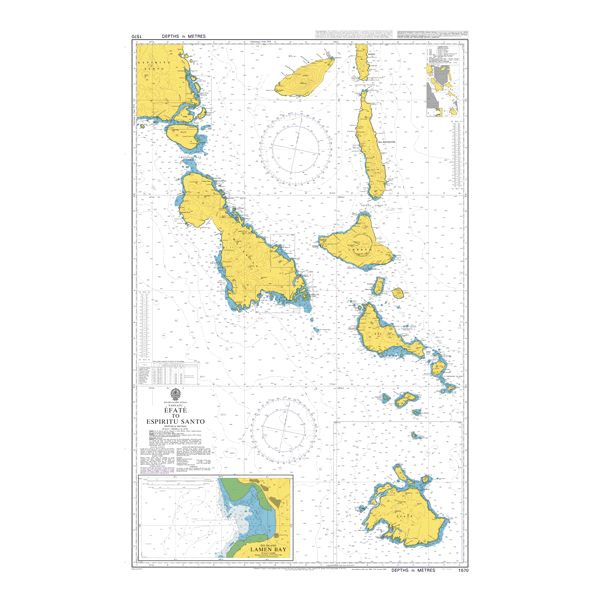 Product image of Admiralty Chart 1570 | Efate to Espiritu Santo, featuring navigational markings, depth soundings, and coastal features, essential for safe marine navigation. It could be displayed as an art piece or used for navigation on a boat or ship.