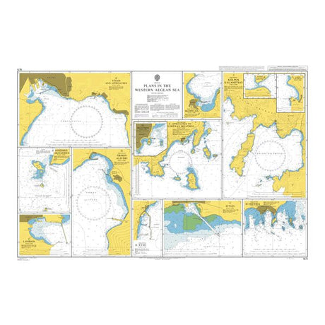 Product image of Admiralty Chart 1571 | Plans in the Western Aegean Sea, featuring navigational markings, depth soundings, and coastal features, essential for safe marine navigation. It could be displayed as an art piece or used for navigation on a boat or ship.