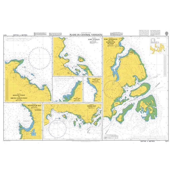 Product image of Admiralty Chart 1577 | Plans in Central Vanuatu, featuring navigational markings, depth soundings, and coastal features, essential for safe marine navigation. It could be displayed as an art piece or used for navigation on a boat or ship.