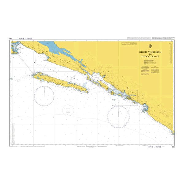 Product image of Admiralty Chart 1580 | Otocic Veliki Skolj to Otocic Glavat, featuring navigational markings, depth soundings, and coastal features, essential for safe marine navigation. It could be displayed as an art piece or used for navigation on a boat or ship.