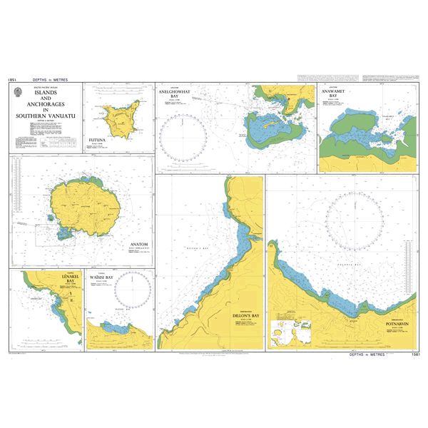 Product image of Admiralty Chart 1581 | Islands and Anchorages in Southern Vanuatu, featuring navigational markings, depth soundings, and coastal features, essential for safe marine navigation. It could be displayed as an art piece or used for navigation on a boat or ship.