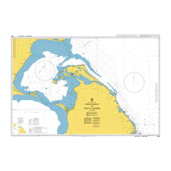 Product image of Admiralty Chart 1584 | Trincomalee to Point Calimere, featuring navigational markings, depth soundings, and coastal features, essential for safe marine navigation. It could be displayed as an art piece or used for navigation on a boat or ship.