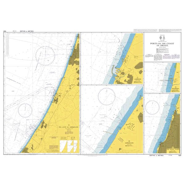 Product image of Admiralty Chart 1591 | Ports on the Coast of Israel, featuring navigational markings, depth soundings, and coastal features, essential for safe marine navigation. It could be displayed as an art piece or used for navigation on a boat or ship.