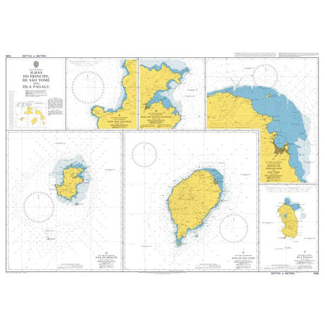 Product image of Admiralty Chart 1595 | Ilhas do Principe, de Sao Tome and Isla de Annobon, featuring navigational markings, depth soundings, and coastal features, essential for safe marine navigation. It could be displayed as an art piece or used for navigation on a boat or ship.