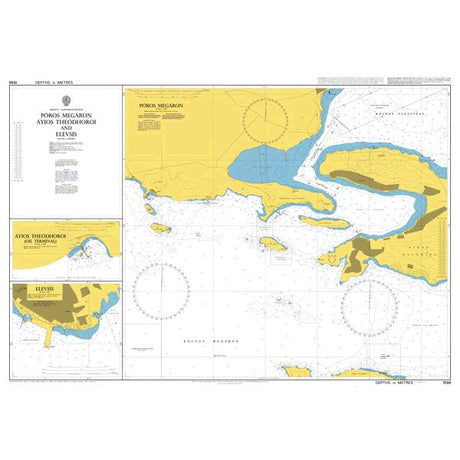 Product image of Admiralty Chart 1598 | Poros Megaron Agios Theodhoroi and Elefsis, featuring navigational markings, depth soundings, and coastal features, essential for safe marine navigation. It could be displayed as an art piece or used for navigation on a boat or ship.