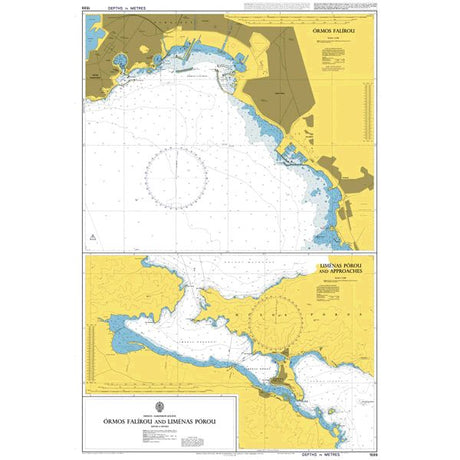 Product image of Admiralty Chart 1599 | Ormos Falirou and Limenas Porou, featuring navigational markings, depth soundings, and coastal features, essential for safe marine navigation. It could be displayed as an art piece or used for navigation on a boat or ship.