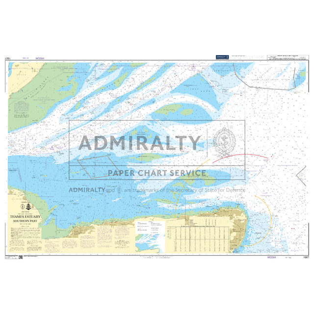 Product image of Admiralty Chart 1607 | Thames Estuary Southern Part, featuring navigational markings, depth soundings, and coastal features, essential for safe marine navigation. It could be displayed as an art piece or used for navigation on a boat or ship.