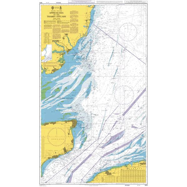 Product image of Admiralty Chart 1610 | Approaches to the Thames Estuary, featuring navigational markings, depth soundings, and coastal features, essential for safe marine navigation. It could be displayed as an art piece or used for navigation on a boat or ship.