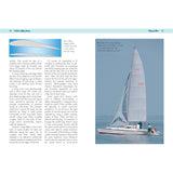 A sailboat with a bright sail cruises on calm water. Two people adjust ropes for ideal trim. Opposite, an Adlard Coles "Sail Trim" guide shows diagrams/text on wing profiles, flow stalling, and optimizing sail efficiency.