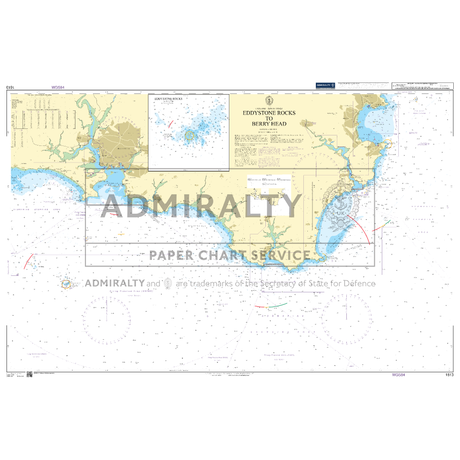 Product image of Admiralty Chart 1613 | Eddystone Rocks to Berry Head, featuring navigational markings, depth soundings, and coastal features, essential for safe marine navigation. It could be displayed as an art piece or used for navigation on a boat or ship.