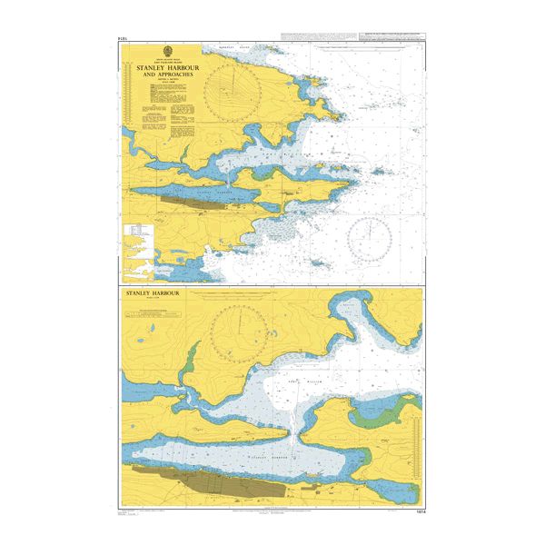 Product image of Admiralty Chart 1614 | Stanley Harbour and Approaches, featuring navigational markings, depth soundings, and coastal features, essential for safe marine navigation. It could be displayed as an art piece or used for navigation on a boat or ship.