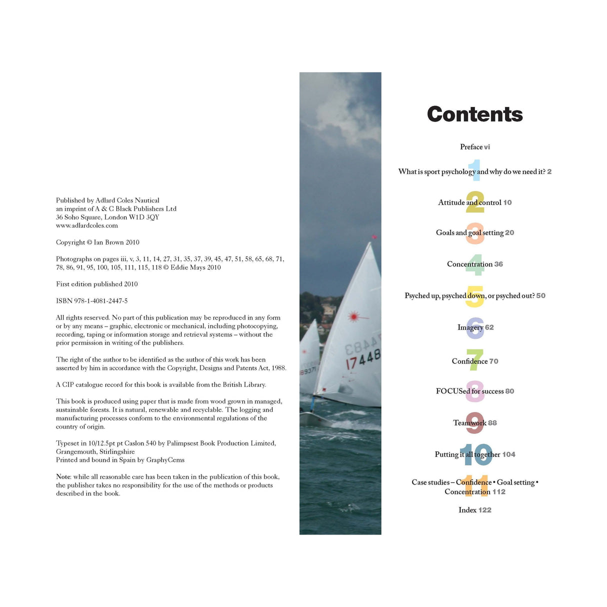 The image reveals the contents page and cover of a book titled "The Psychology of Sailing for Dinghies and Keelboats" by Adlard Coles, which explores topics such as the impact of psychology on sport, goals, confidence, imagery, focus, tension, and case studies. The cover features sailboats with numbers gliding serenely on water, suggesting insights into cultivating a winning mindset.