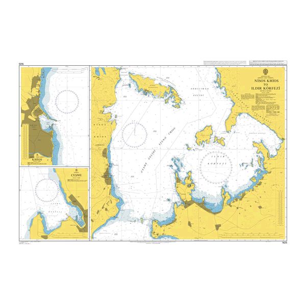 Product image of Admiralty Chart 1625 | Nisos Chios to Ildir Korfezi, featuring navigational markings, depth soundings, and coastal features, essential for safe marine navigation. It could be displayed as an art piece or used for navigation on a boat or ship.