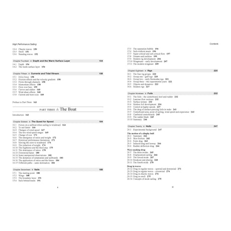 The table of contents from Adlard Coles' "High Performance Sailing" guides readers through an exhilarating journey with chapters such as "The Quest for Speed" and "The Boat," exploring boat speed and racing performance. These topics are covered across pages 154 to 287, offering detailed insights in Chapter Fifteen and Chapter Sixteen.