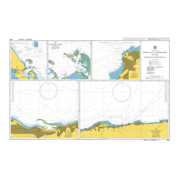 Product image of Admiralty Chart 1629 | Ports and Anchorages on the Coast of Venezuela, featuring navigational markings, depth soundings, and coastal features, essential for safe marine navigation. It could be displayed as an art piece or used for navigation on a boat or ship.