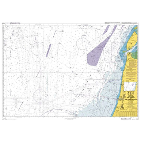 Product image of Admiralty Chart 1631 | DW Routes to IJmuiden and Texel, featuring navigational markings, depth soundings, and coastal features, essential for safe marine navigation. It could be displayed as an art piece or used for navigation on a boat or ship.