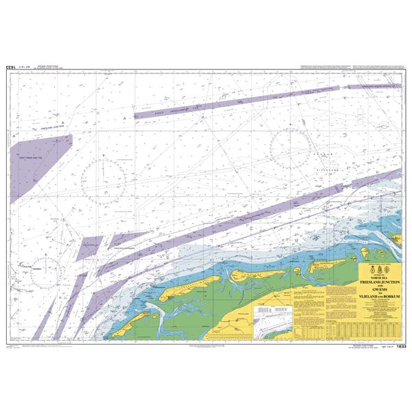 Product image of Admiralty Chart 1633 | TSS North Friesland and GW/EMS to Vlieland and Borkum, featuring navigational markings, depth soundings, and coastal features, essential for safe marine navigation. It could be displayed as an art piece or used for navigation on a boat or ship.