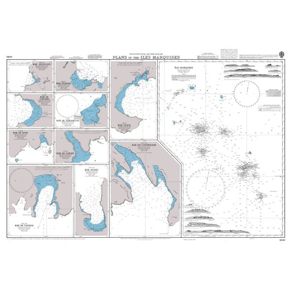 Product image of Admiralty Chart 1640 | Plans in the Iles Marquises, featuring navigational markings, depth soundings, and coastal features, essential for safe marine navigation. It could be displayed as an art piece or used for navigation on a boat or ship.