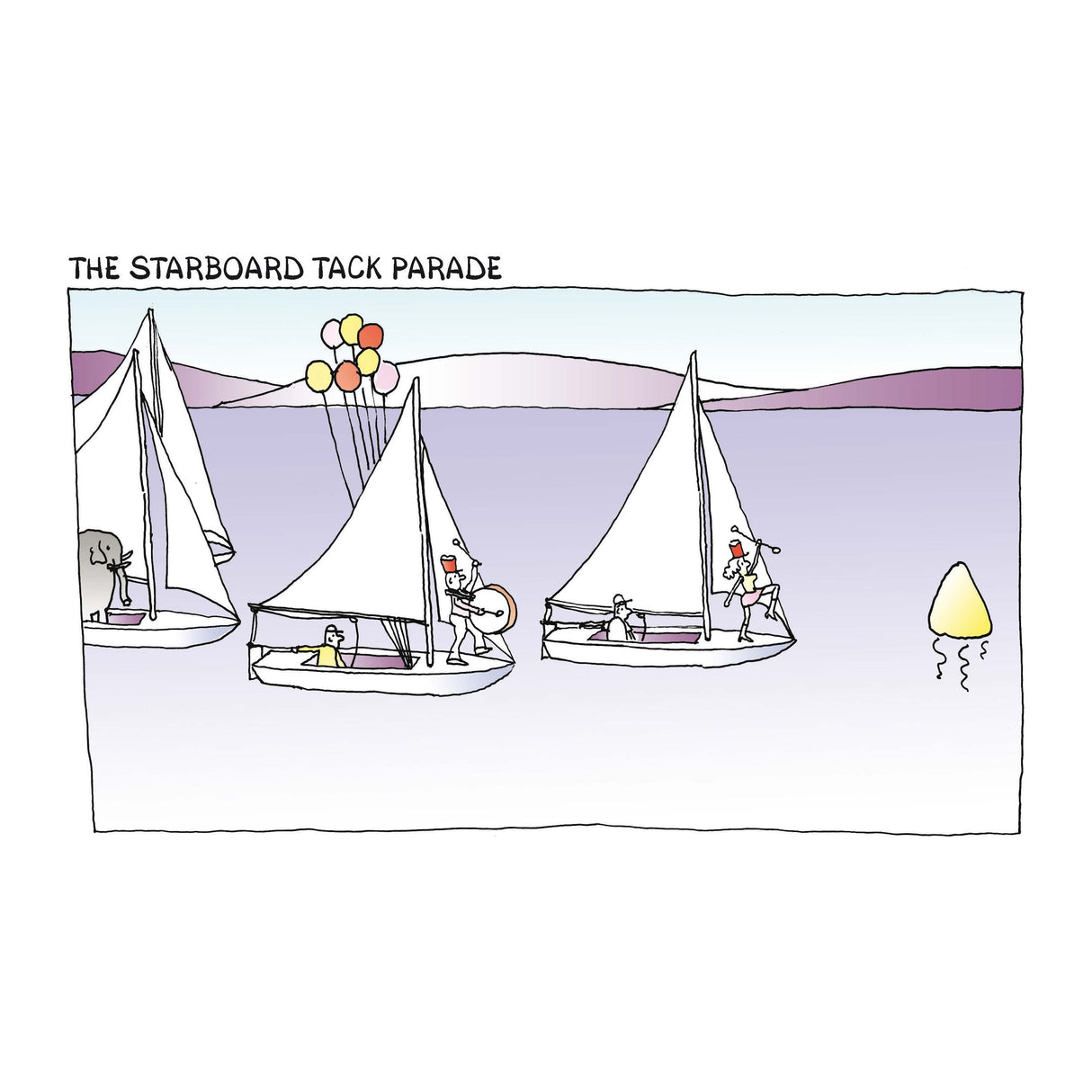 A cartoon featured in **"The Unofficial Rules of Sailing"** by **Adlard Coles** presents sailing humor with three sailboats on the water. Each boat adheres to sailing etiquette, featuring people playing musical instruments and holding balloons, while a buoy floats nearby against a backdrop of hills.