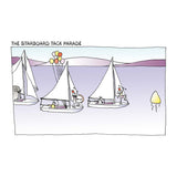 A cartoon featured in **"The Unofficial Rules of Sailing"** by **Adlard Coles** presents sailing humor with three sailboats on the water. Each boat adheres to sailing etiquette, featuring people playing musical instruments and holding balloons, while a buoy floats nearby against a backdrop of hills.