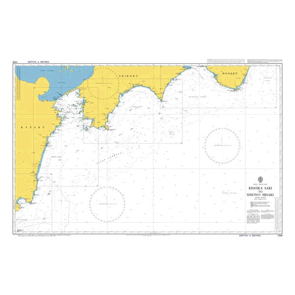 Product image of Admiralty Chart 1648 | Kishika Saki to Shiono Misaki, featuring navigational markings, depth soundings, and coastal features, essential for safe marine navigation. It could be displayed as an art piece or used for navigation on a boat or ship.