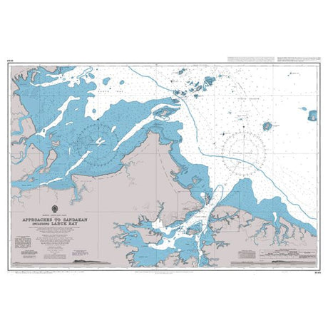 Product image of Admiralty Chart 1649 | Approaches to Sandakan and Telukan Labuk, featuring navigational markings, depth soundings, and coastal features, essential for safe marine navigation. It could be displayed as an art piece or used for navigation on a boat or ship.