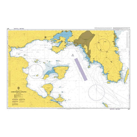 Product image of Admiralty Chart 1657 | Saronikos Kolpos, featuring navigational markings, depth soundings, and coastal features, essential for safe marine navigation. It could be displayed as an art piece or used for navigation on a boat or ship.