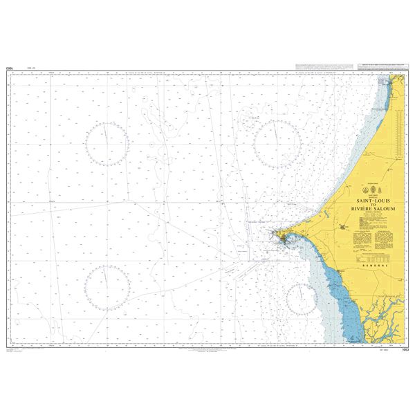 Product image of Admiralty Chart 1663 | Saint - Louis to Riviere Saloum, featuring navigational markings, depth soundings, and coastal features, essential for safe marine navigation. It could be displayed as an art piece or used for navigation on a boat or ship.