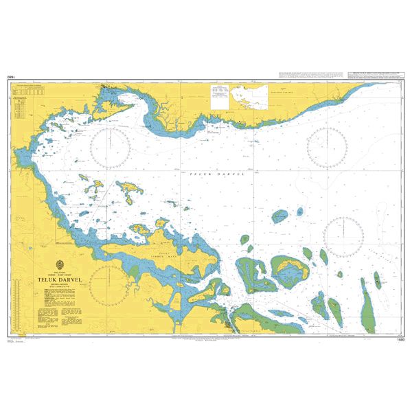 Product image of Admiralty Chart 1680 | Teluk Darvel, featuring navigational markings, depth soundings, and coastal features, essential for safe marine navigation. It could be displayed as an art piece or used for navigation on a boat or ship.