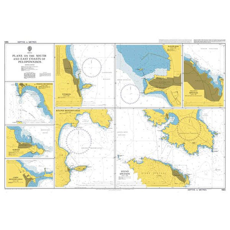 Product image of Admiralty Chart 1683 | Plans on the South and East Coasts of Peloponnisos, featuring navigational markings, depth soundings, and coastal features, essential for safe marine navigation. It could be displayed as an art piece or used for navigation on a boat or ship.