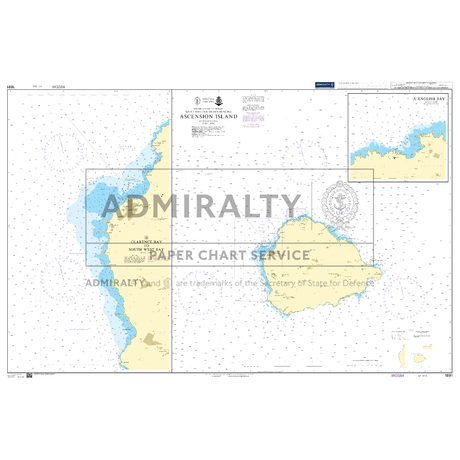 Product image of Admiralty Chart 1691 | Ascension Island, featuring navigational markings, depth soundings, and coastal features, essential for safe marine navigation. It could be displayed as an art piece or used for navigation on a boat or ship.