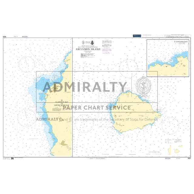 Product image of Admiralty Chart 1691 | Ascension Island, featuring navigational markings, depth soundings, and coastal features, essential for safe marine navigation. It could be displayed as an art piece or used for navigation on a boat or ship.