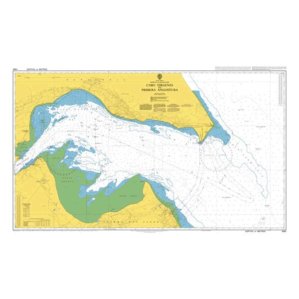 Product image of Admiralty Chart 1692 | Cabo Virgenes to Primera Angostura, featuring navigational markings, depth soundings, and coastal features, essential for safe marine navigation. It could be displayed as an art piece or used for navigation on a boat or ship.