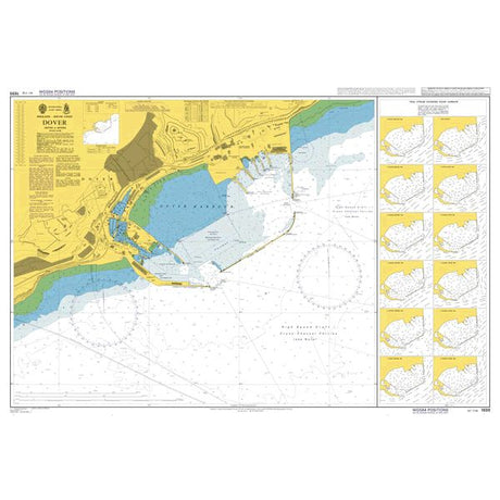 Product image of Admiralty Chart 1698 | Dover, featuring navigational markings, depth soundings, and coastal features, essential for safe marine navigation. It could be displayed as an art piece or used for navigation on a boat or ship.