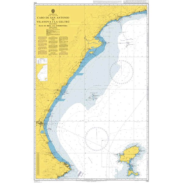 Product image of Admiralty Chart 1701 | Cabo de San Antonio to Vilanova i la Geltru including Islas de Ibiza and Formentera, featuring navigational markings, depth soundings, and coastal features, essential for safe marine navigation. It could be displayed as an art piece or used for navigation on a boat or ship.