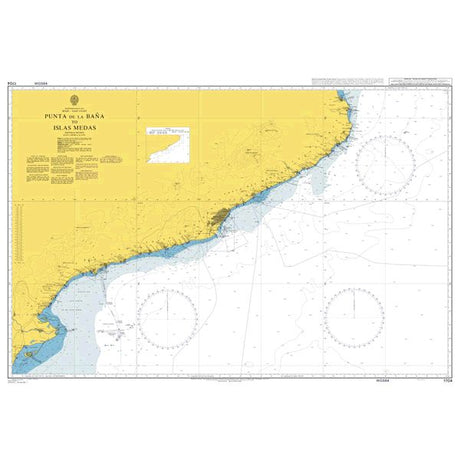 Product image of Admiralty Chart 1704 | Punta de la Bana to Islas Medas, featuring navigational markings, depth soundings, and coastal features, essential for safe marine navigation. It could be displayed as an art piece or used for navigation on a boat or ship.