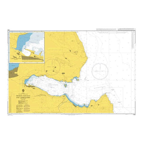 Product image of Admiralty Chart 1706 | Ormos Soudas and Approaches, featuring navigational markings, depth soundings, and coastal features, essential for safe marine navigation. It could be displayed as an art piece or used for navigation on a boat or ship.