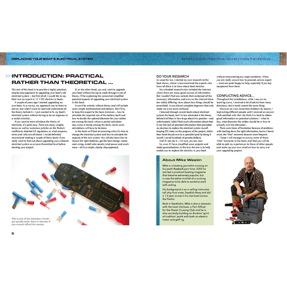 A magazine page reviews Adlard Coles' "Replacing Your Boat's Electrical System," offering step-by-step guidance. It features research, advice, and images of electrical tools and components, with a DIY boat builder expertly handling the equipment.