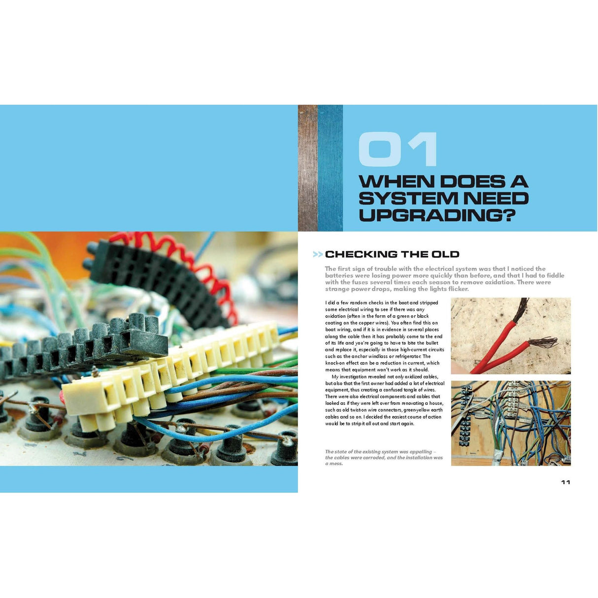 Page 11 of "Replacing Your Boat's Electrical System" by Adlard Coles details system upgrades. The left side displays images of essential electrical wires and connectors, while the right side features a numbered header and images of red-handled wire strippers.
